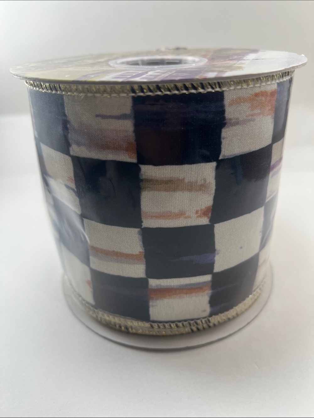 MacKenzie-Childs Black and Cream Brushstroke Checker Ribbon